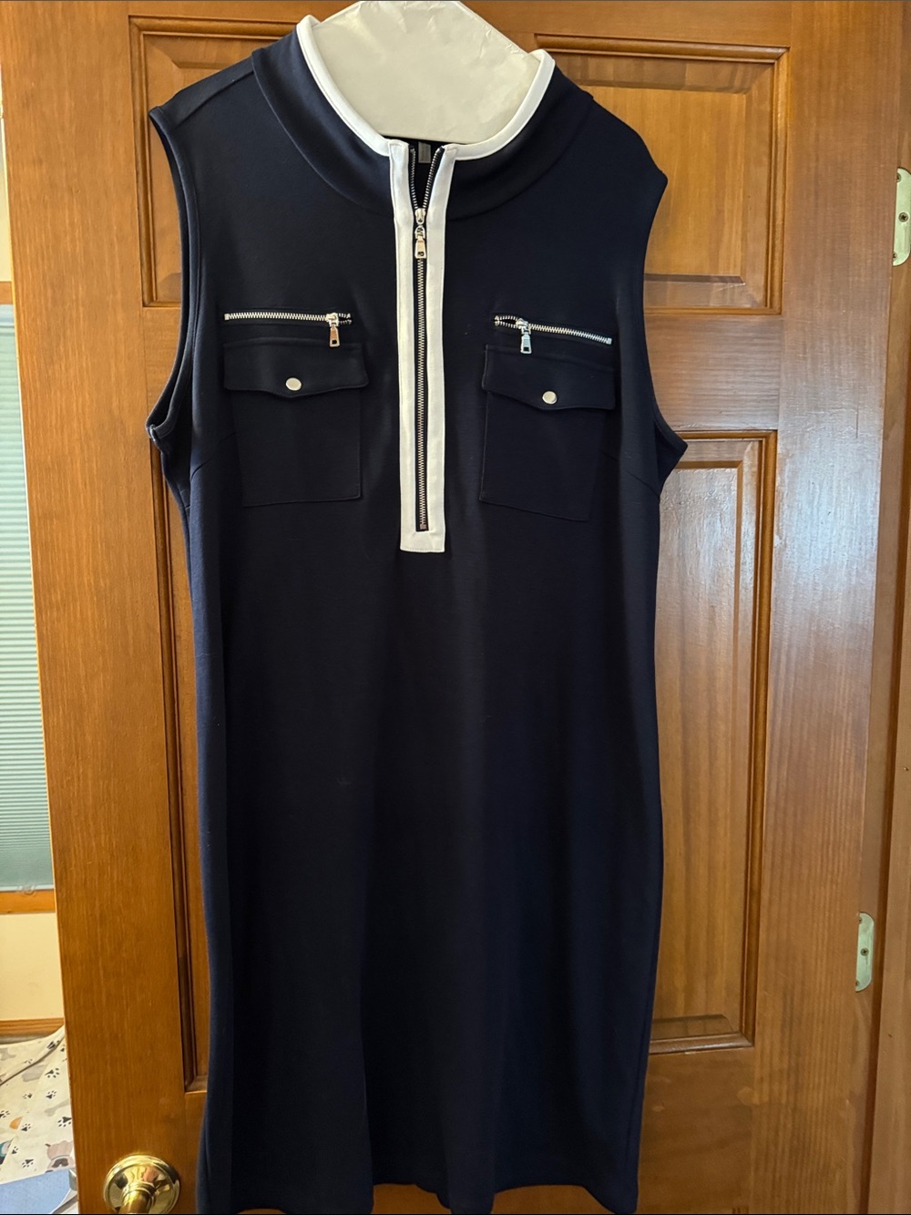 Sleeveless Navy Shift Dress with Zip Placket